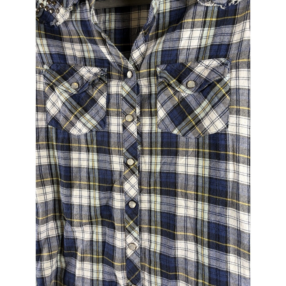 Guess Plaid Flannel Shirt Studded‎ Shoulders Snap Front Hi-Low Hem Navy S - Picture 3 of 7